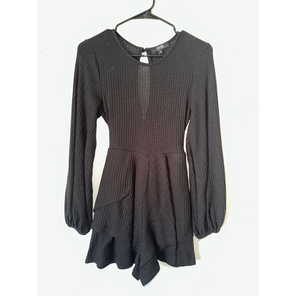 OH5 Clothing Womens Black Waffle Knit Long Sleeve Tiered Ruffle Romper Small